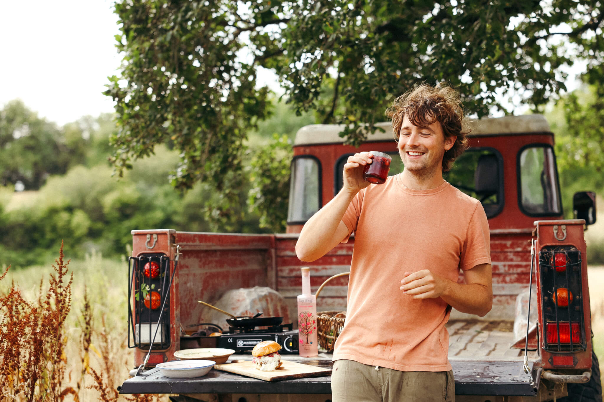 Rhubarb and Hibiscus Spritz with Lamb Burgers