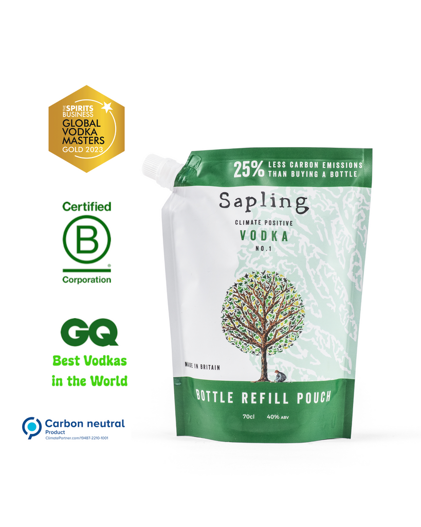 The Spirits Business Gold Medal award winning, B Corp Certified, GQ best Vodkas in the world, Climate Partner Carbon Neutral accredited, Sapling Vodka 70cl recyclable refill pouch